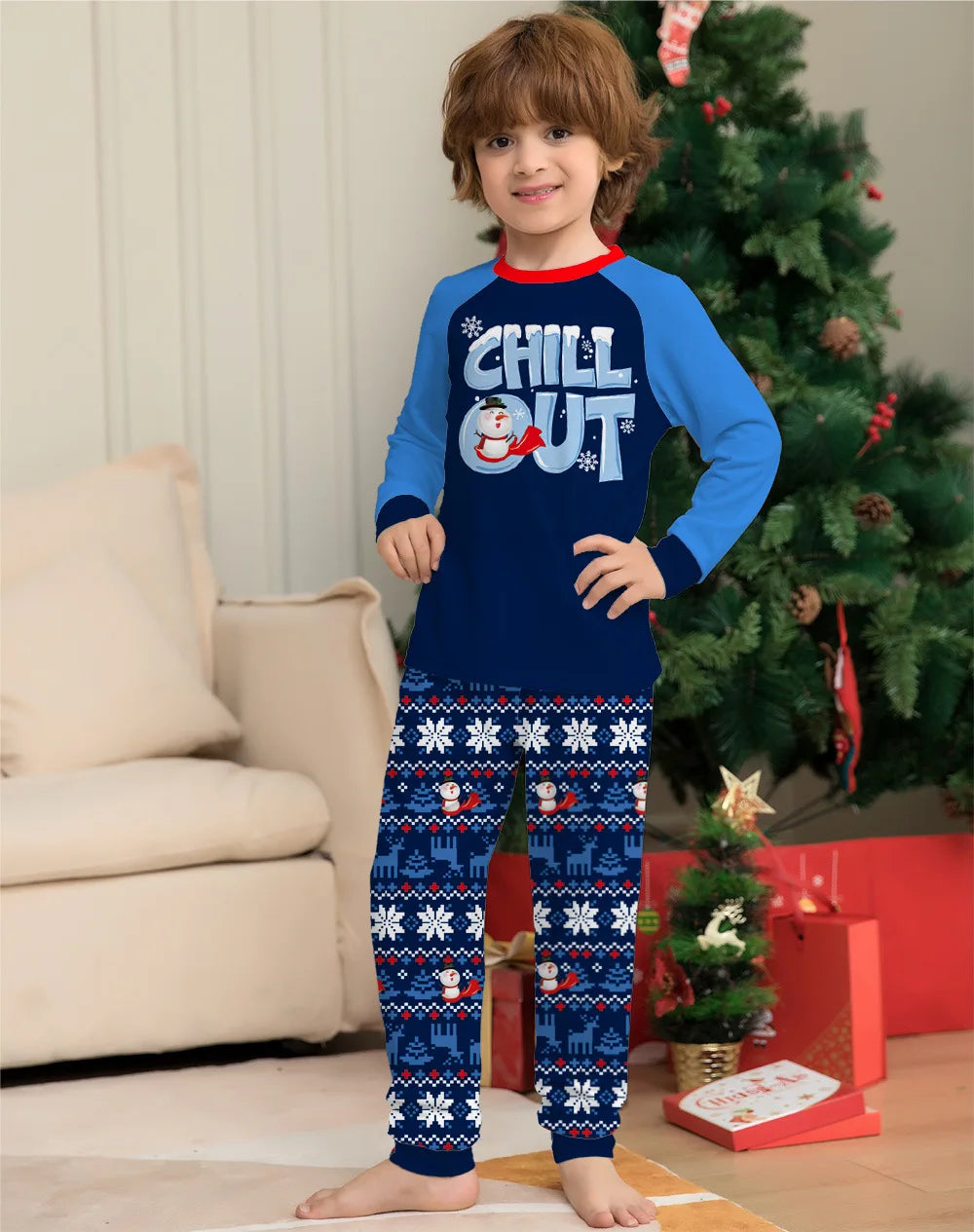 Christmas Pajamas Family Set Blue Printed Family Matching Christmas Pajamas Couples Women Men Kids Boy Girls Christmas Pjs Set