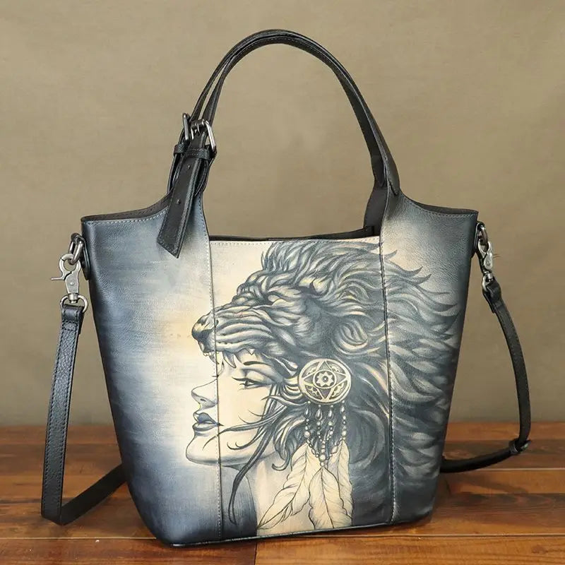 Maxy First Layer Cowhide Leather Women's Handbag Vintage Female Hand Drawn Tote Bag Large Capacity Shoulder Crossbody Bags