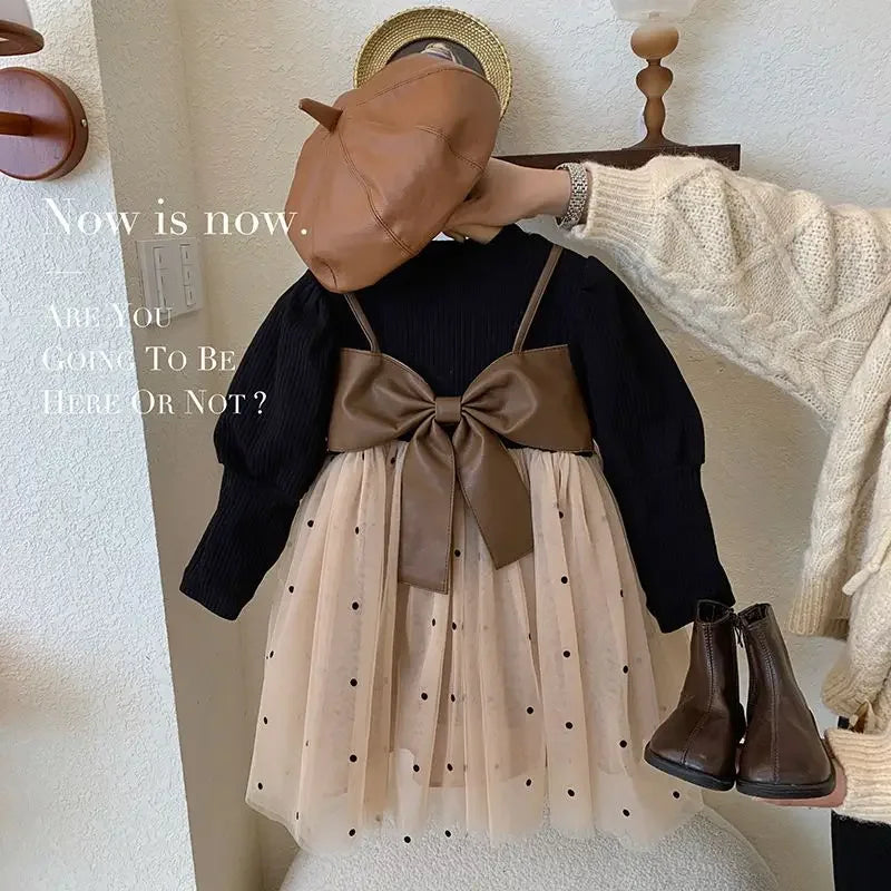 Maxy Children's Clothing Fake Two Pieces Solid Korean Kids Round Neck Patchwork Big Bow Long Sleeve Girls Party Fluffy Yarn Dresses