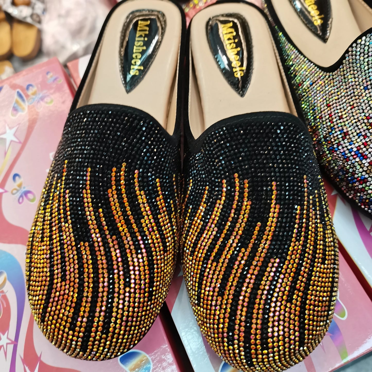 Maxy Round Toe Rhinestone Beads Mules Women Slippers Summer Half Slippers Bling Glitter Party Shoes African Sequins Slippers F1013-3