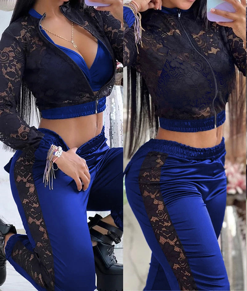 Maxy 3 Piece Set Women Outfit Casual V-Neck Crop Top Shirred Crochet Lace High Waist Cuffed Pants Suit Long Sleeve Coat Summer