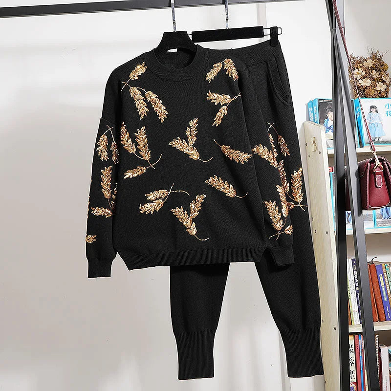 Maxy Black Knitted Tracksuits Two Piece Outfits Women 2pc Autumn New Fashion Loose Sequins Embroidery Sweater Pencil Pants Set Female