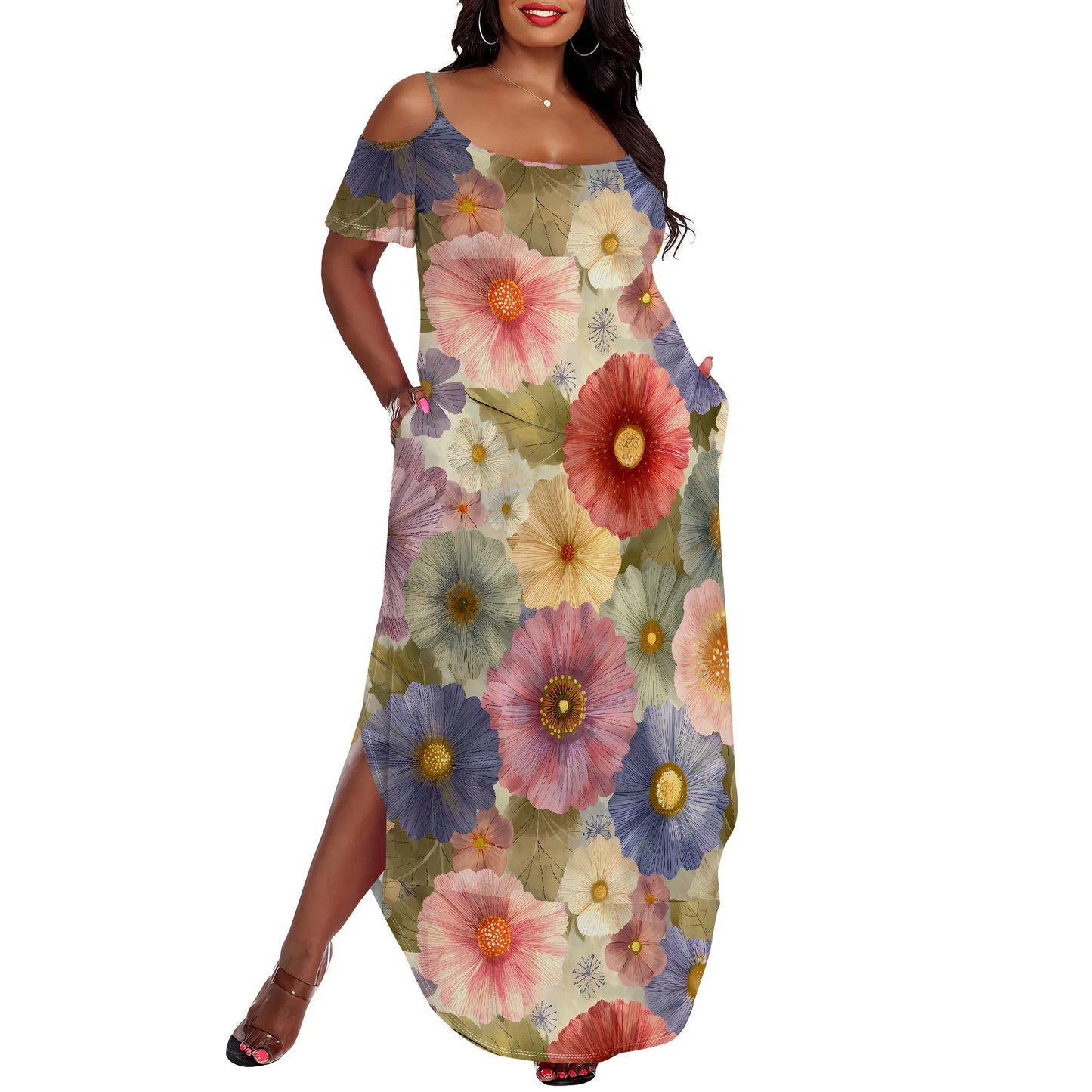 Maxy Plus Size Watercolor Tie Dye Dress Off Shoulder Loose Casual Summer Beach Sundress
