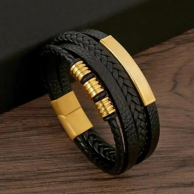 Maxy Multi Layers PU Leather Mens Magnut Closure Bracelet Waved Leather Gold Color Metal Tube Charm Fashion Mens Jewelry Hiphop