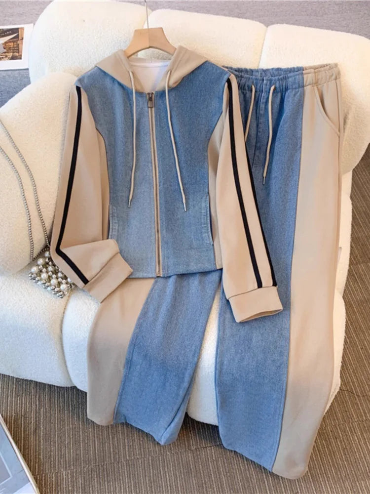 Amay Casual Pant Sets Women Denim 2 Pieces Set Fashion Long Sleeve Hooded Top Drawstring Wide Trousers Autumn Lady Suit