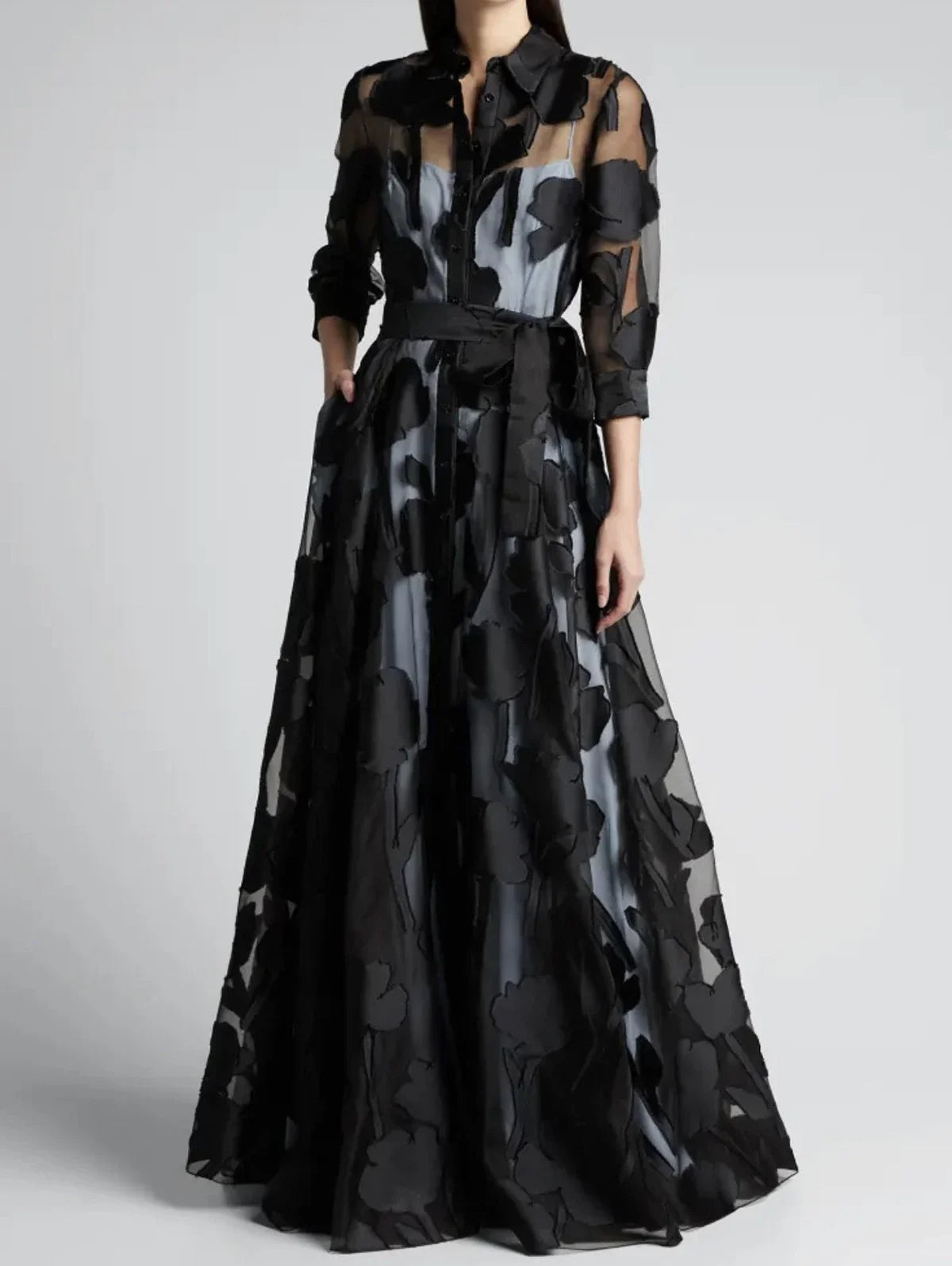 Maxy Elegant Three-Quarter Sleeve Knotted Waist Jacquard Mesh Maxy Dress for Women No Lining Transparent Club Party Long Dress