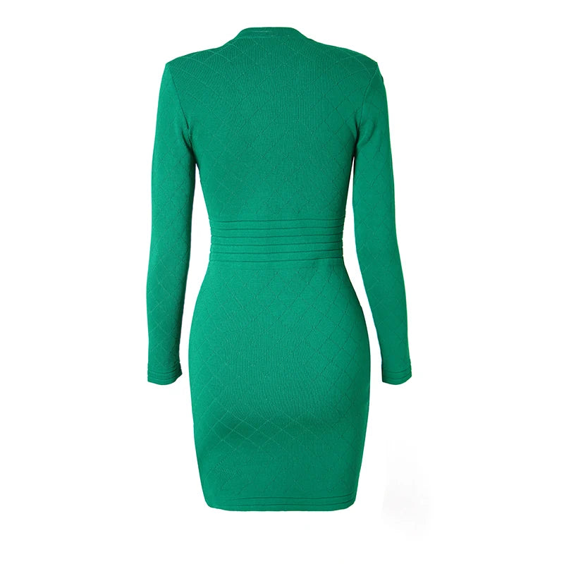 Amay Stunning Plaid Knit Mini Dress with Diamonds Pattern Zipper and Metal Studs Fresh Green Color High Street Women Clothing