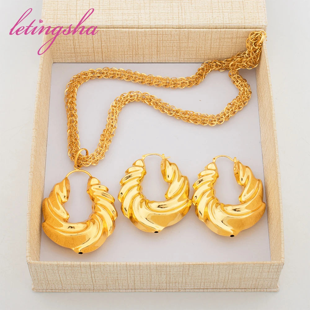 Maxy Luxury Gold Color Earrings Ins TK Hot Sale Long Necklace Chain Set Fashion Jewelry Wedding Party Anniversary Gift