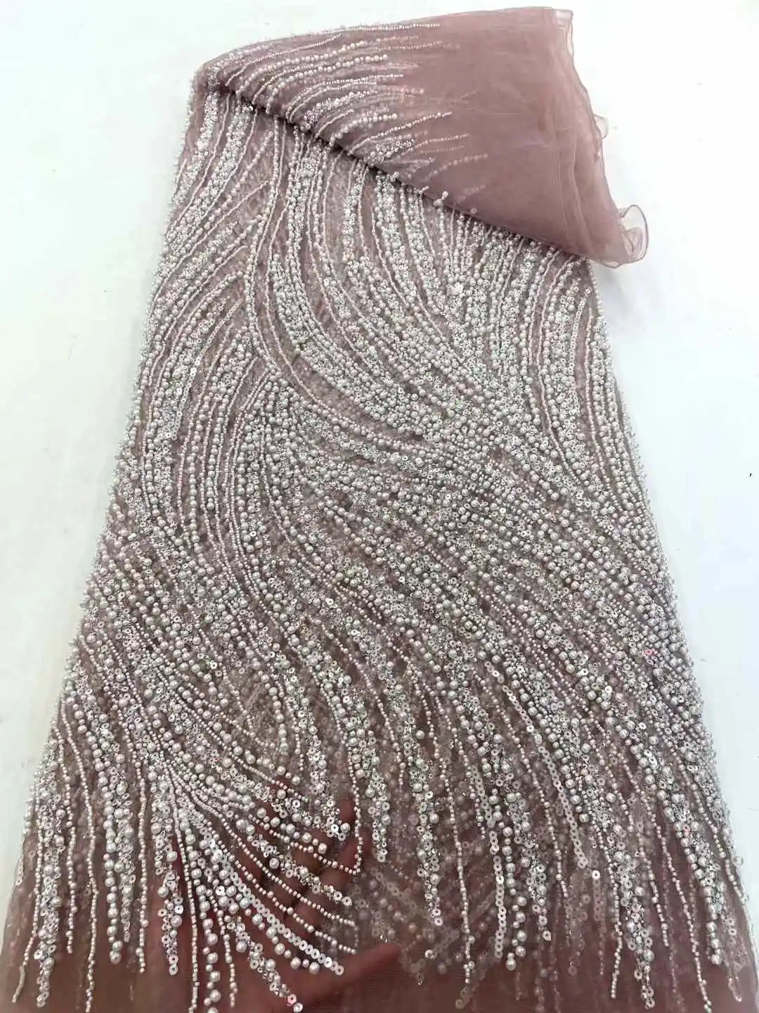 Maxy Beads Lace Fabric High Quality Mesh Sequins Lace Embroidered French Groom Fabric For Sewing Evening Dresses Women