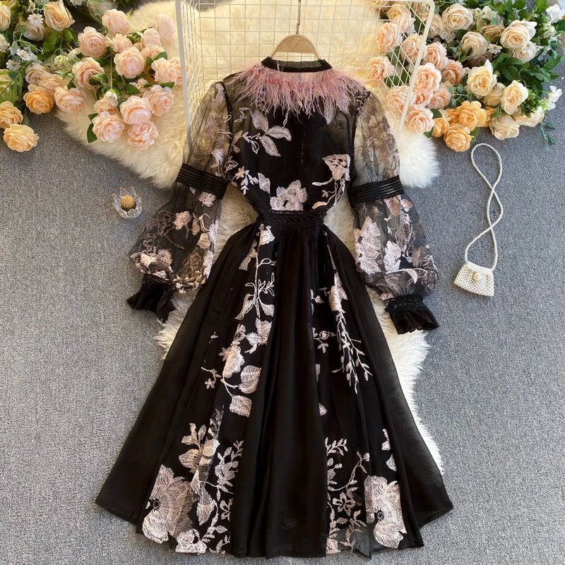 Maxy Spring Autumn Zipper Embroidery French Retro Style Lapel Waistband Slim A Line Mesh Lace Dress Elegant Women Clothing