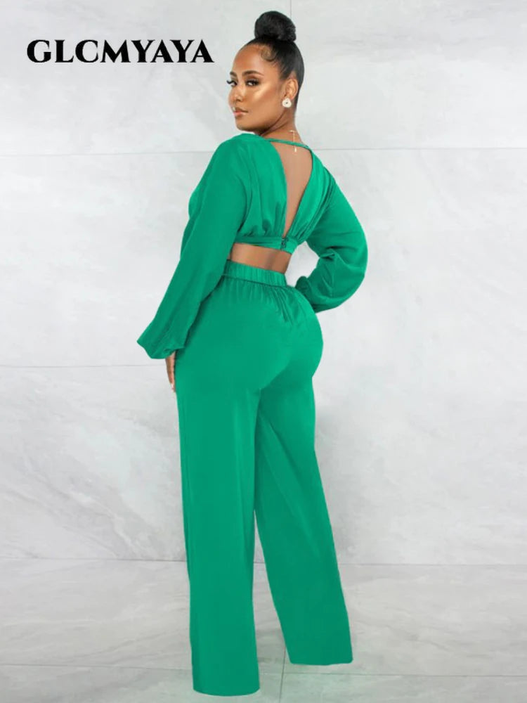 Amay Elegant Solid Straight Wide Leg Pants Suit for Women Long Sleeve Deep V-neck Blouse Shirt Fashion Two 2 Piece Set Outfit