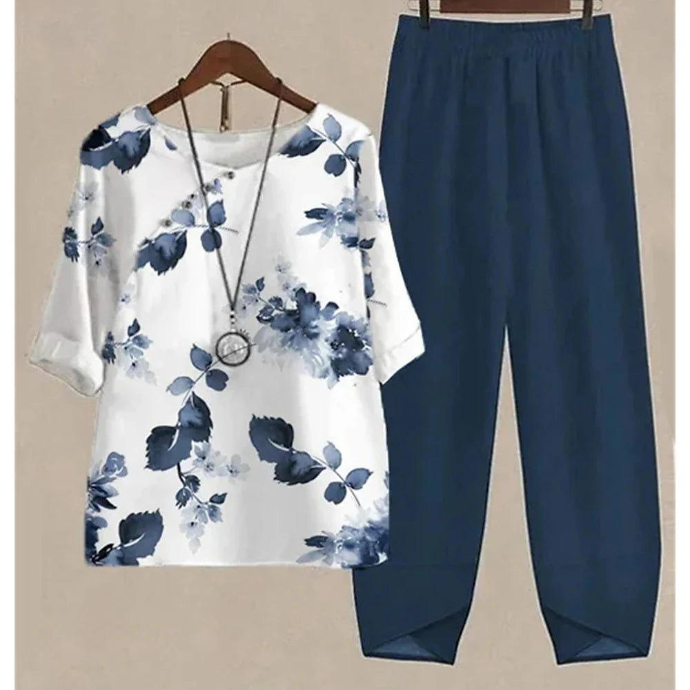 Maxy Leaf Printing Women O Neck Short Sleeve Suit Elegant High Waist Pants Fashion Top&Pants Set Casual Outfits Two Piece Sets Summer