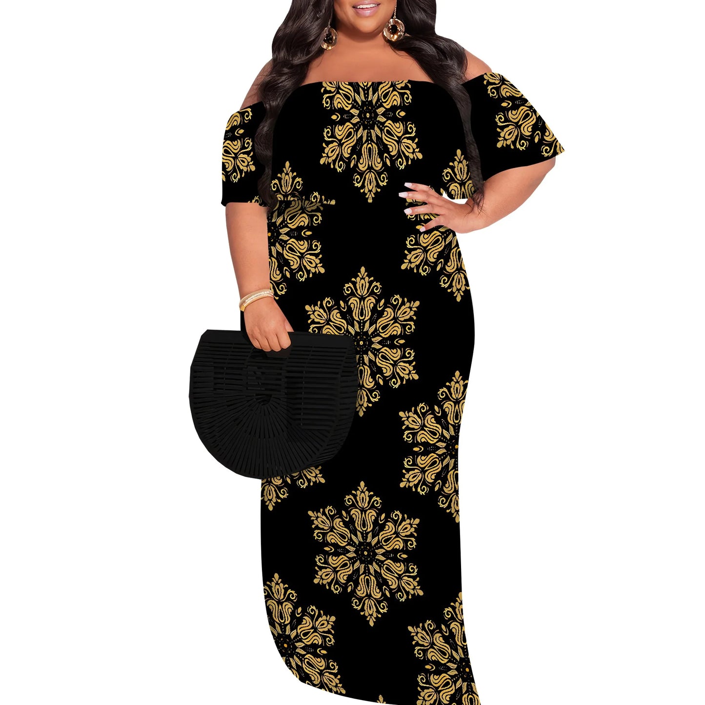 Amay Plus Size Elegant Off Shoulder Dress for Women African Inspired Pattern Long Evening Gown