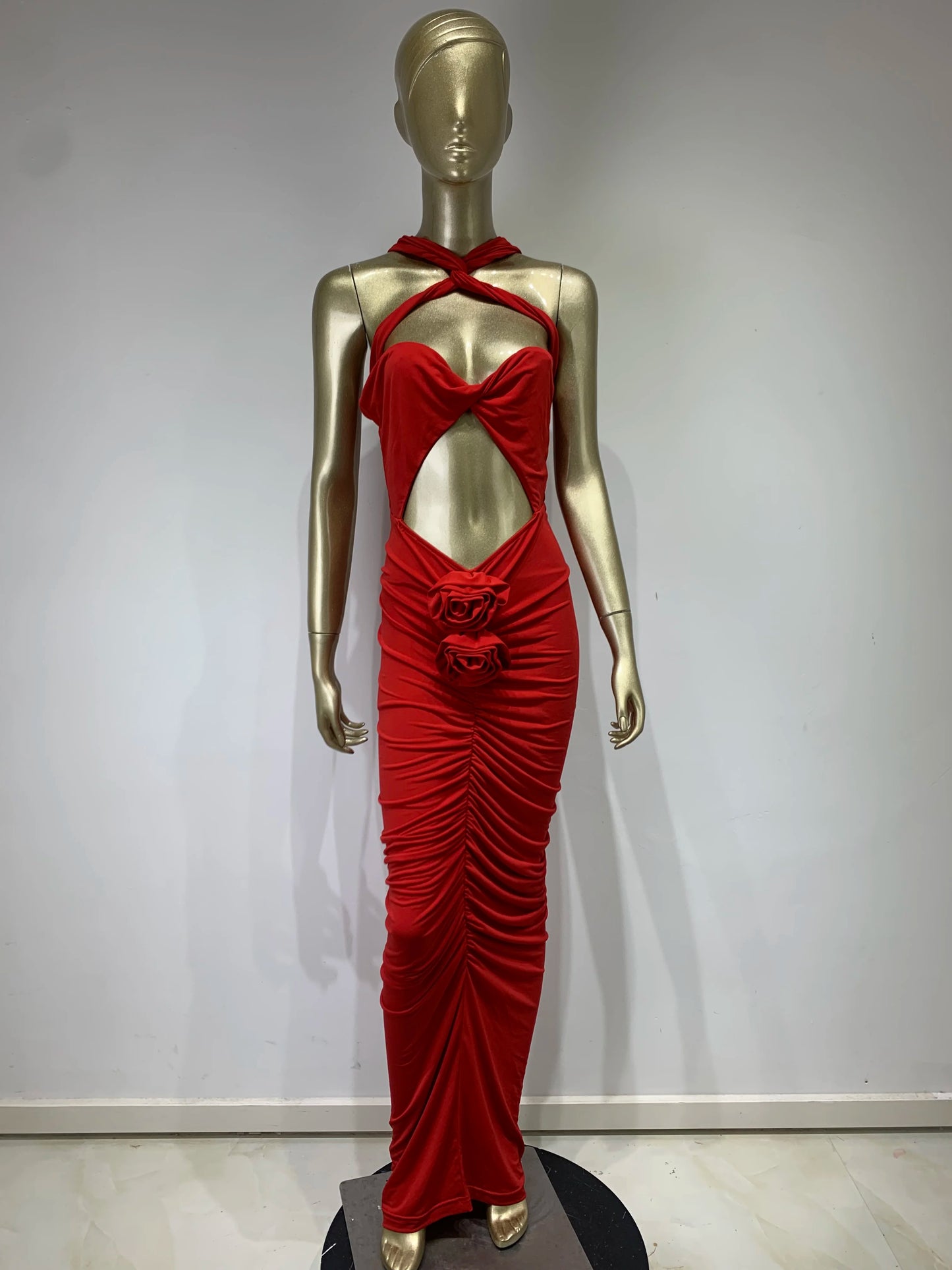 Women Red Party Dress Runway Fashion Crisscross Neck Cut Out Aplliques Pleated Maxi Long Celebrity Evening Birthday Prom Gowns