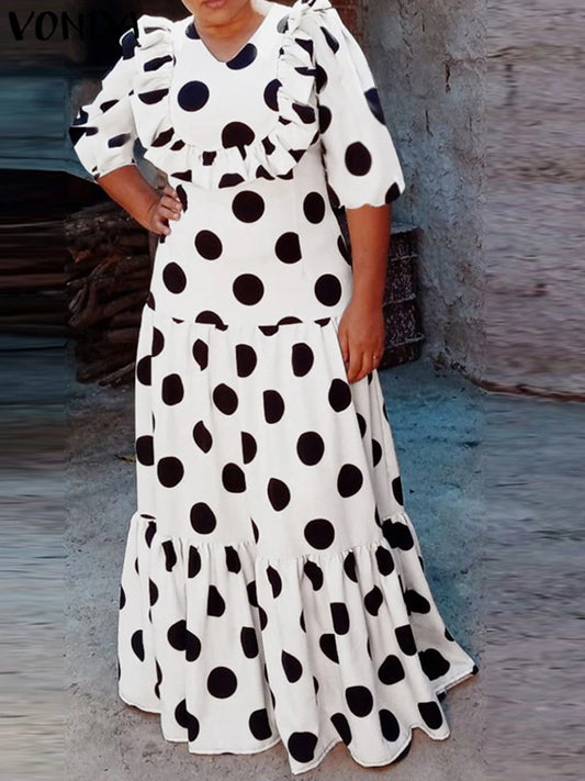 Maxy Plus Size 5XL VONDA Bohemian Dot Printed Dress Women Party Ruffled Sundress Summer V-Neck Holiday Vestido Casual Loose Robe