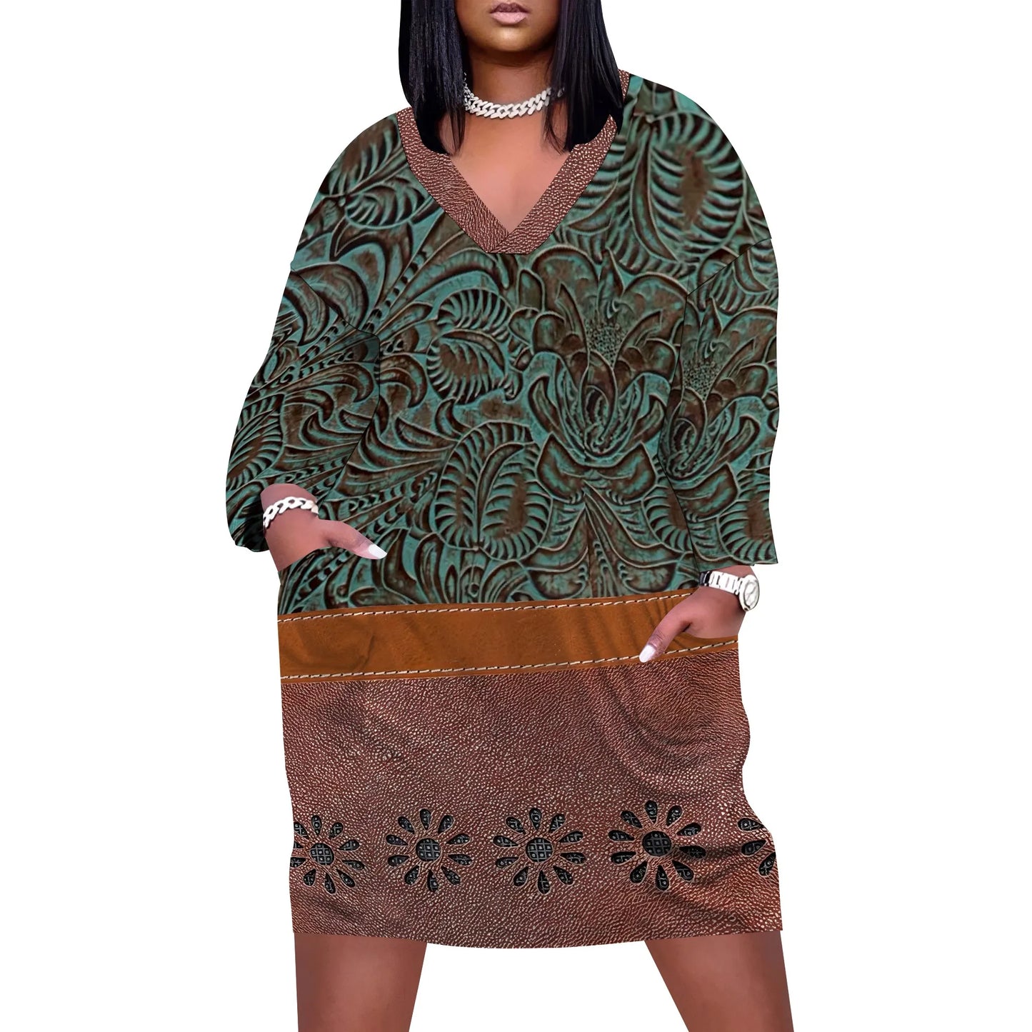 Amay Curvy Artistic Maxy Dress - Long Sleeve Relaxed Boho Dress for Women
