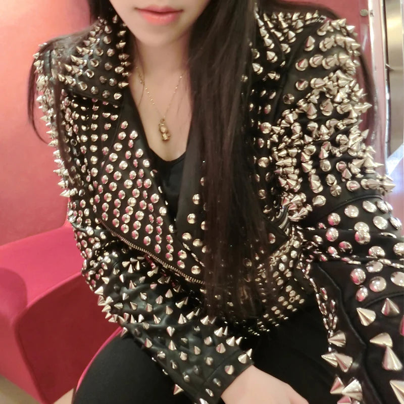 Amay Full Rivet Punka Rock Music Festival Stage Show Full Metal Sequined Motobike Industrial Heavy Leather Jacket Cool Chic Singers