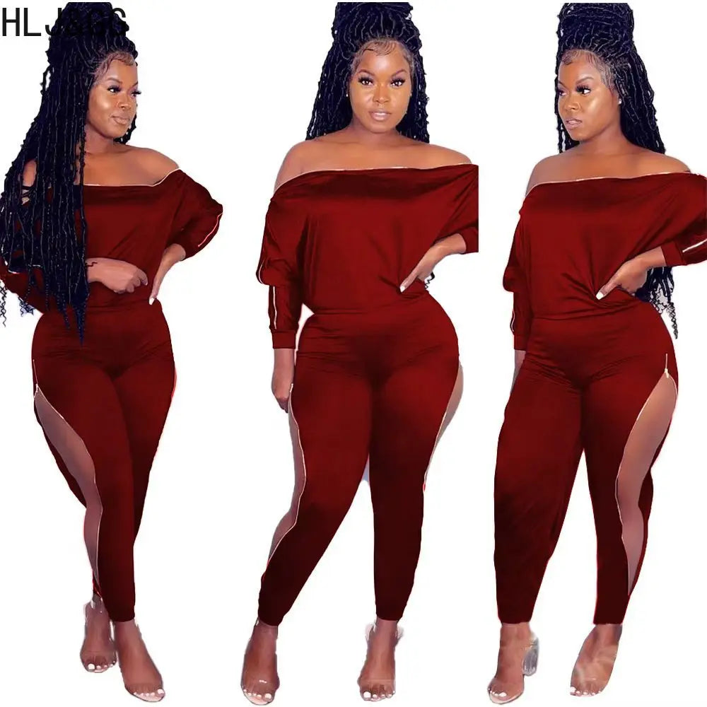 HLJ&GG Autumn New Side Zipper Skinny Pants Two Piece Sets Women Off Shoulder Long Sleeve Top And Pants Outfits Casual Tracksuits