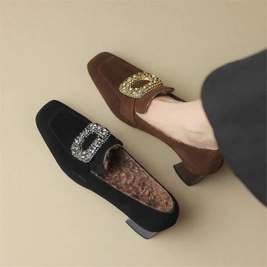 Maxy New Autumn Sheep Suede Loafers French Square Toe Chunky Heels Winter Plush Women Pumps Shoes for Women Zaptos De Mujer