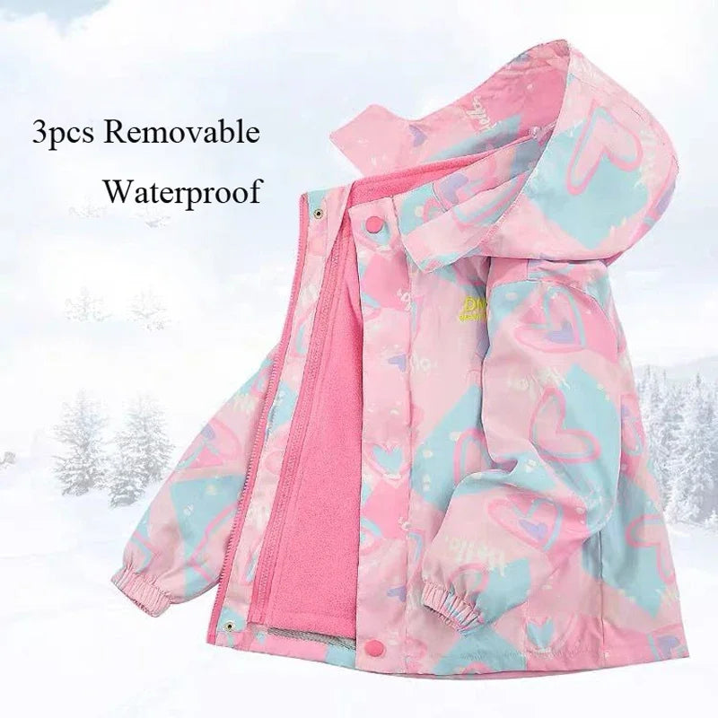 Waterproof Hooded Coat Kids Cartoon Girls Lovely Warm Rmovable Fleece Lined Jacket Cotton Padded Cothes Children Outfit XMP95