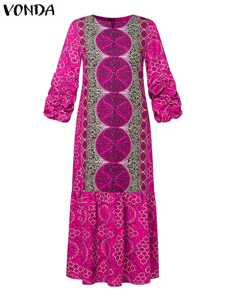 MAXY Plus Size Party Dress Women Bohemian Long Puff Sleeve Casual Printed Vintage Sundress Loose Fashion Party Robe