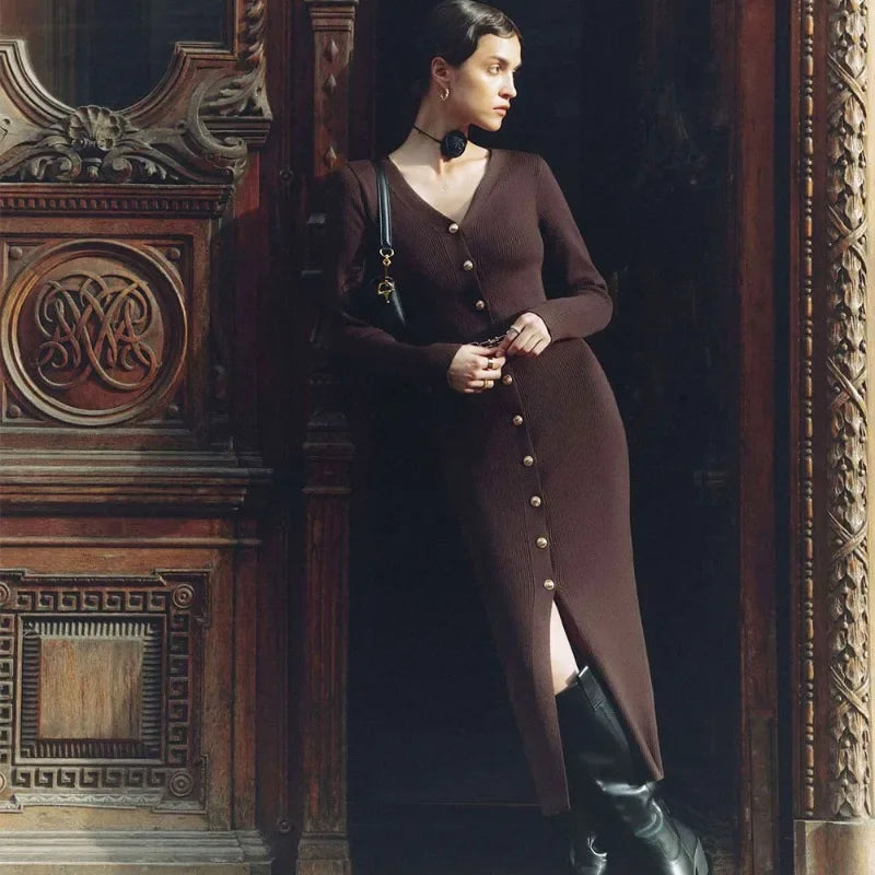 Amay Fall Knitted Slit Long Dress Women's Solid Ribbed Patchwork Cardigan Elegant Slim Party Dress Knitted Women's Long Dress