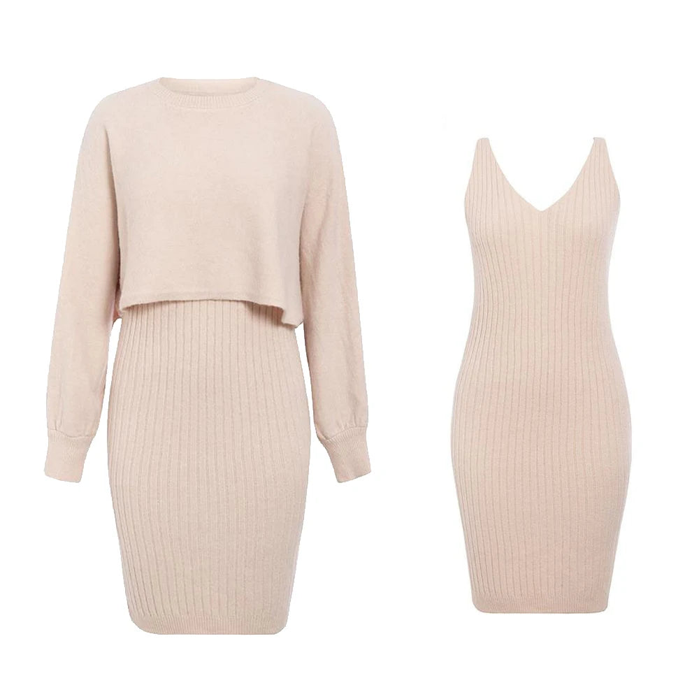 Maxy Knitted dress two-piece set 2024 autumn winter new lazy style fashionable solid color pullover woolen dress