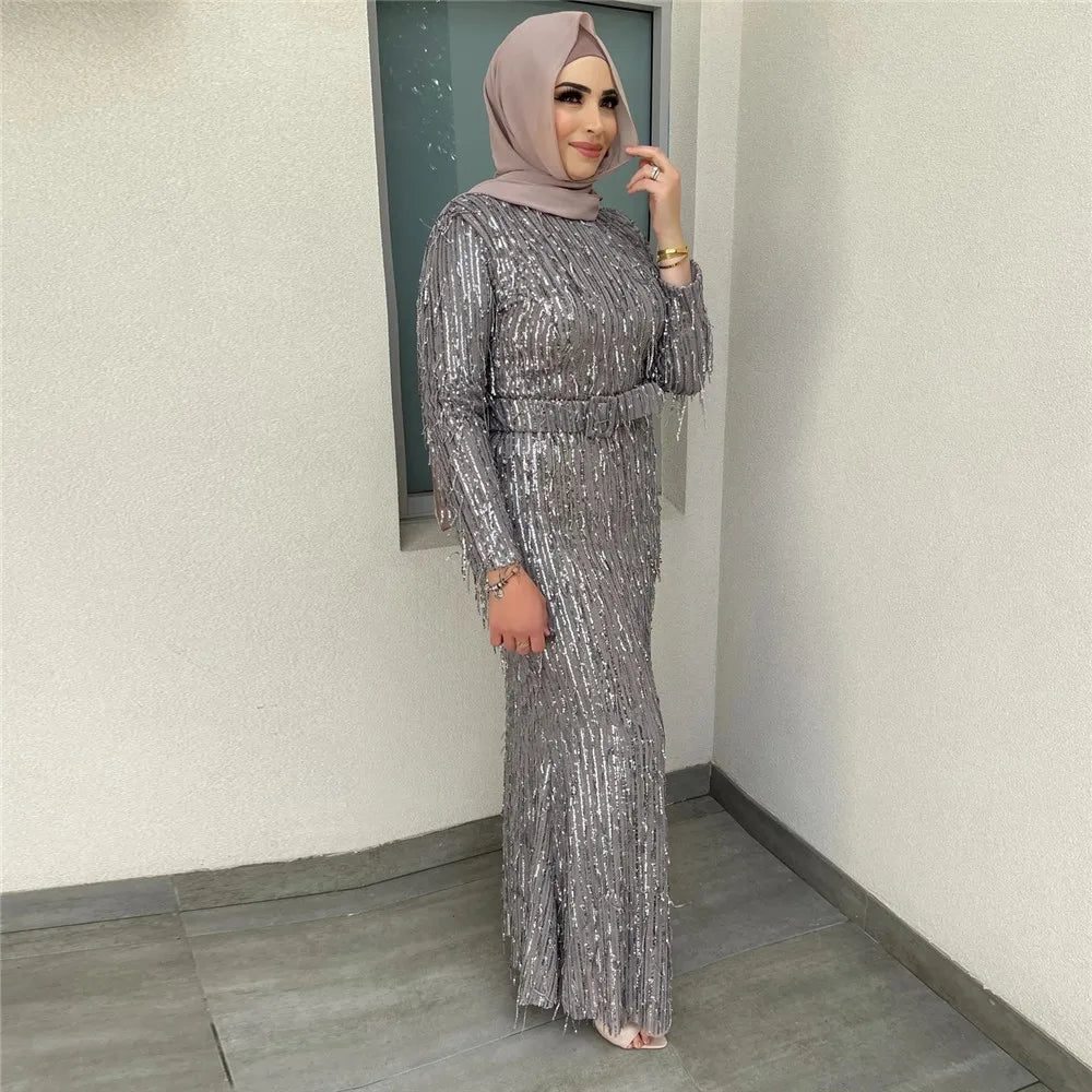 Maxy Modest Muslim Women Abaya Sequins Beads Bodycon Long Dress Turkey Arab Kaftan Islam Evening Party Gown