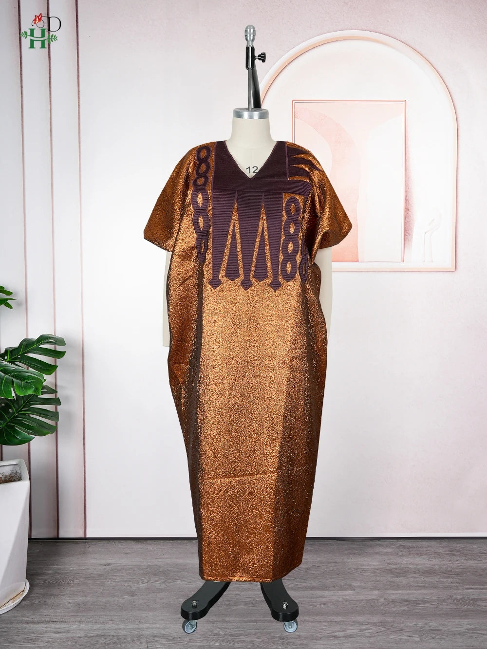 Maxy New Elegant African Women's Plus Size Kaftan Embroidery Dress V Neck Short Sleeve For Parties Cultural Events and Casual Outings