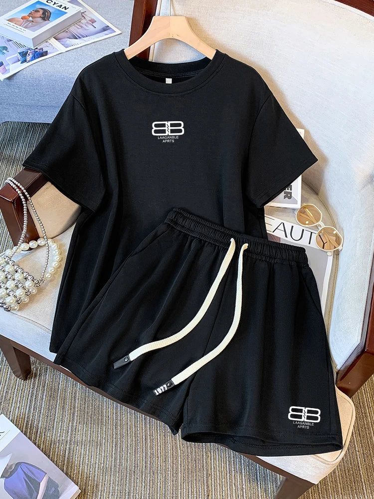 Summer Fashion Casual Tracksuit Female 2024 Loose Streetwear Short Sleeved T Shirt+Lace-Up Wide Leg Shorts 2 Piece Women Outfit