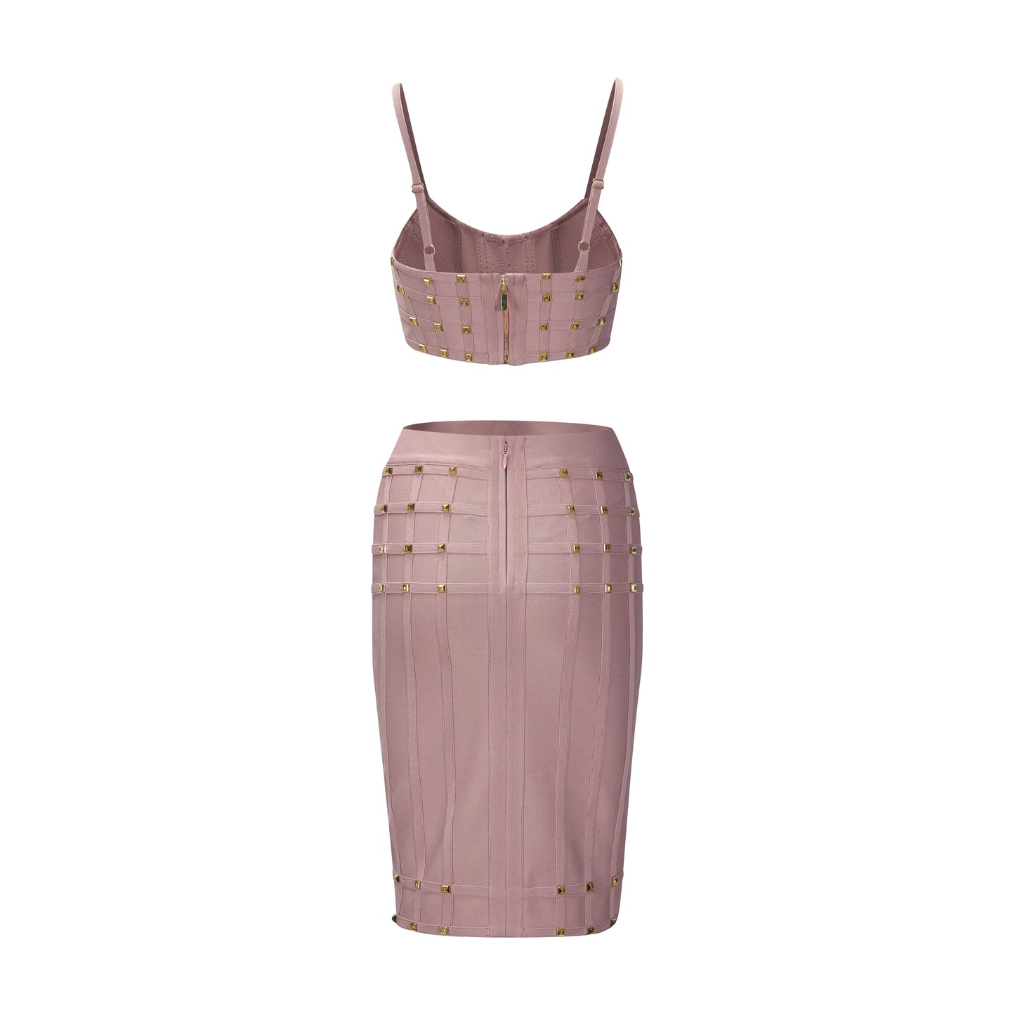 Maxy Women Studded Bandage Outfits Camisoles and High Waist Knee Length Skirt Elastic High Street Two Piece Sets Evening Club Dresses