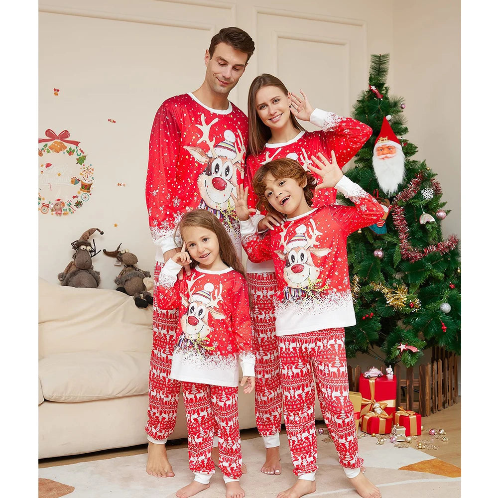 Maxy Christmas Family Matching Pajamas Set Father Mother Kids Red Cartoon Elk Print Sleepwear Adult Boys Girls Homewear Baby Rompers