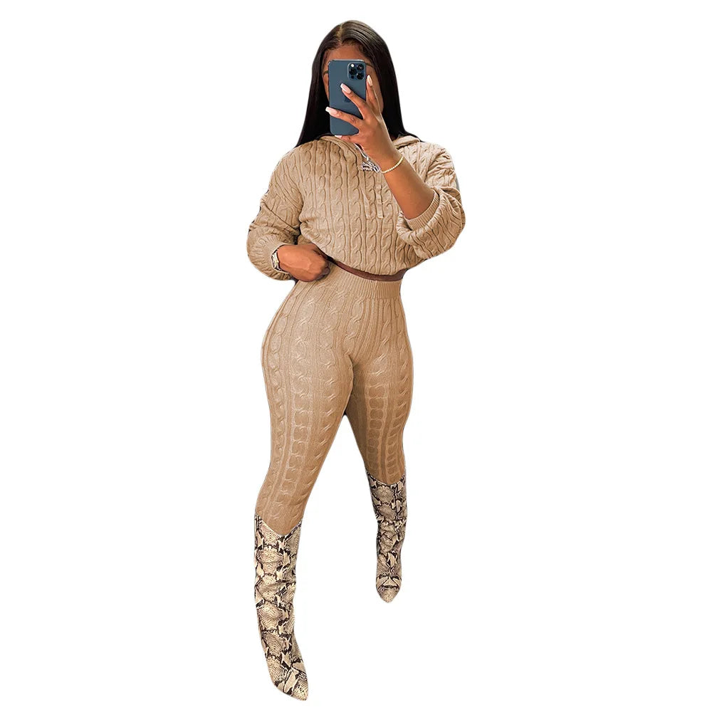 Maxy Fall Winter Women Knit Sweater Matching Sets Skinny Hoodies and Pants Clothing Casual Loungewear 2 Two Piece Outfits
