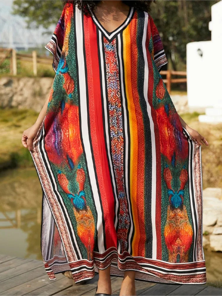 Maxy Women Beach Color Colorful Printed Long Dress Fashion Swimwear Summer Holiday Bohemian Maxy Dresses Bathing Suits