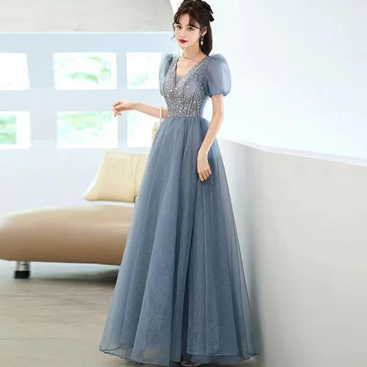 Maxy Puff Sleeve Long Prom Evening Dress for Women Mesh Party Formal Host Princess Evening Dresses Woman Elegant Glitter Party Gown