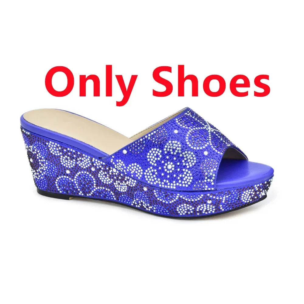 Maxy Latest 2024 Italian Design Fashion Flower Rhinestone Party Wedding Africa Women's Ladies Shoes Bag Set Wedges Shoes for Women