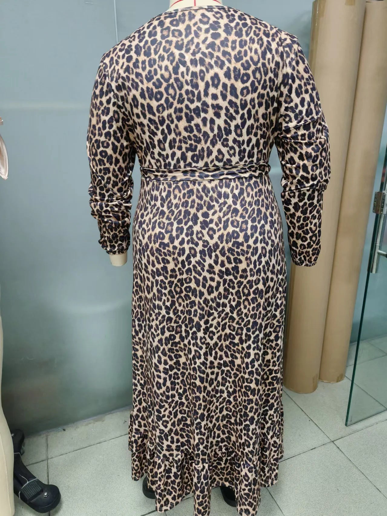 Gacy Plus Size Fashion Leopard Print Slit Long Sleeve Long Dress Women's Spring 2025 Sexy V-Neck High Waist Belted Ruffles Maxy Dress