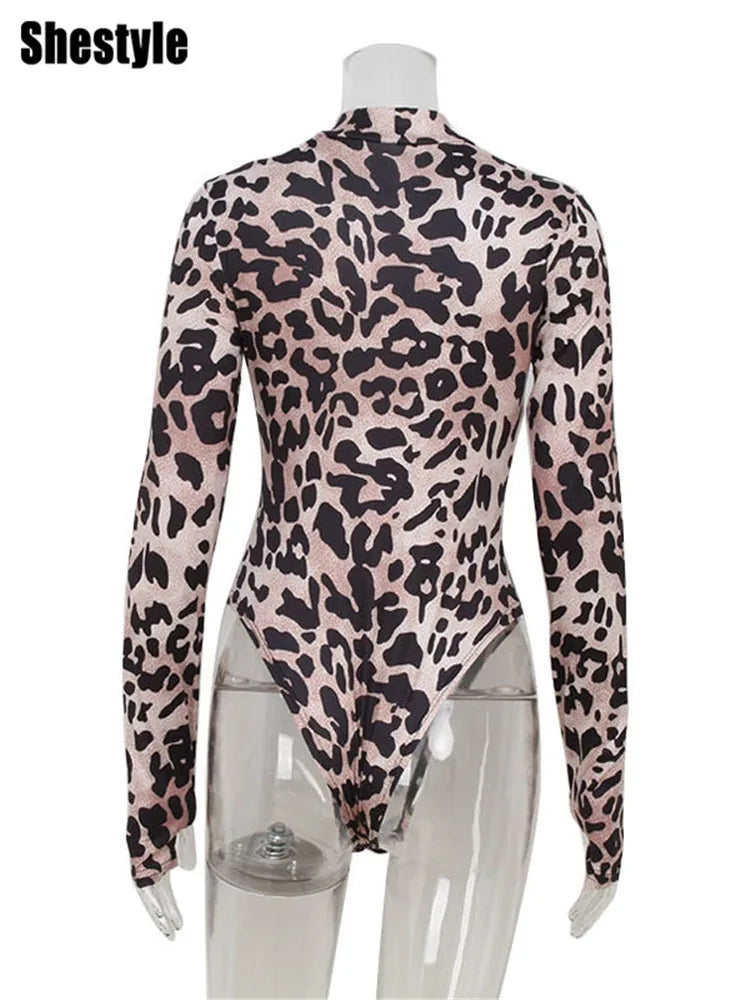 Maxy Shestyle Leopard Cold Shoulder Women Bodysuits Dot Mock Neck Stand Collar Long Sleeve Basic Skinny Design Workwear Winter