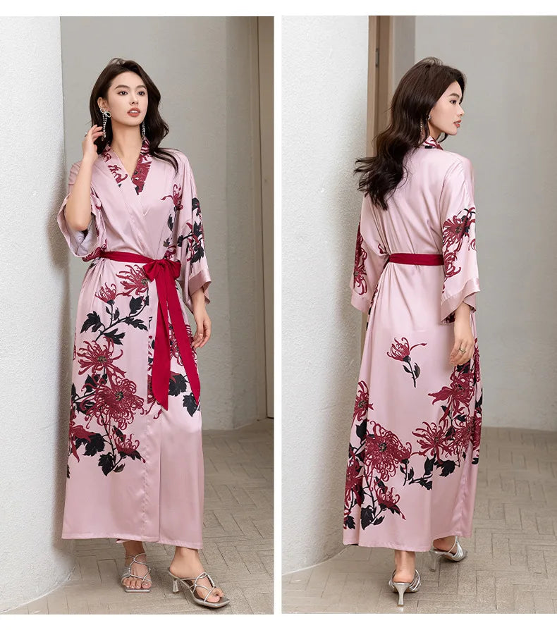 Maxy Japanese Style Half Sleeve Kimono Bathrobe Gown Female Long Robe Nightgown Sleepwear Loose Satin Print Flower Home Dressing Gown