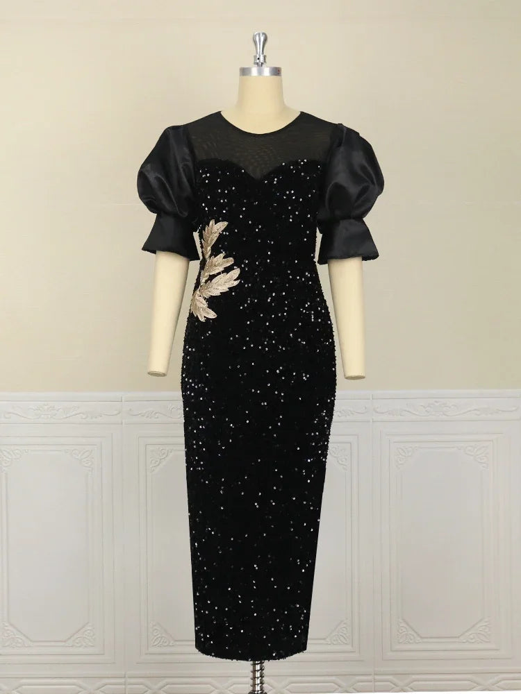 Amay Women Sequined Shiny Black Long Dress Glitter Embroidered Chest Wrapped Puff Sleeve Classy Winter Fall Party Celebrity Gowns New