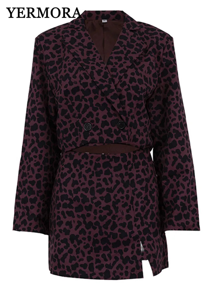 Maxy Women Red Leopard Print Two-piece Suit Blazer Lapel Long Sleeve Fashoin Tide Half Body Skirt Spring Autumn New A531