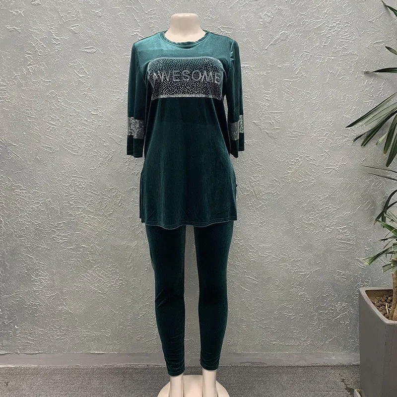 Maxy Velvet 2 Piece Pant Sets Outfits Women Short Sleeve Blouses Slim Pencil Pants Suit Ladies Beading Matching Set Tracksuit