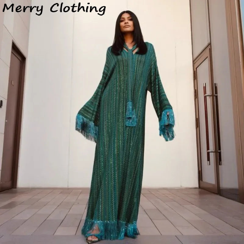 Maxy Elegant Tassel Hem Dress Women V-neck Long Sleeve with Scarf Loose Dresses 2026 NEW Spring Luxury Lady Party Evening Gowns