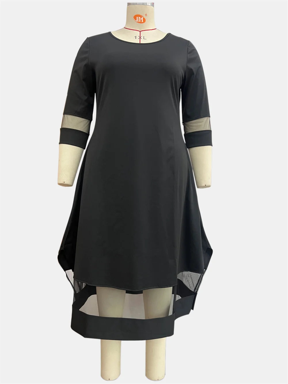 Maxy Plus Size Black Contrast Mesh Splicing Long Dress Women Summer O-Neck 3/4 Sleeve Elastic Knitted Elegant A-Line Dresses