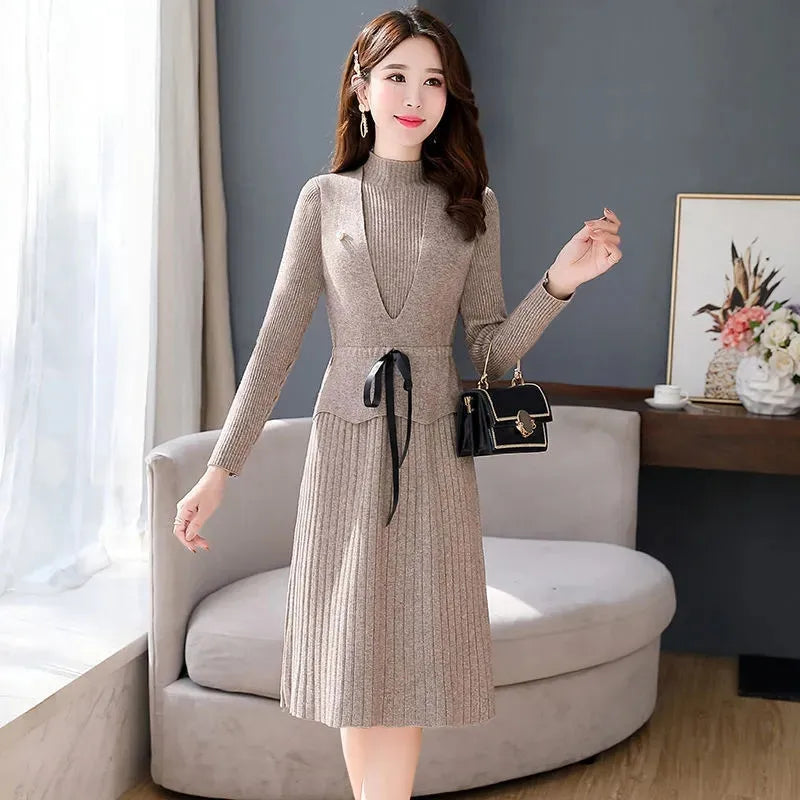 Maxy New Fashion Autumn Winter Women Long Sweater Dress Pullovers Warm Knitted Pullover Dresses + Sweaters Vest Two Pieces Set