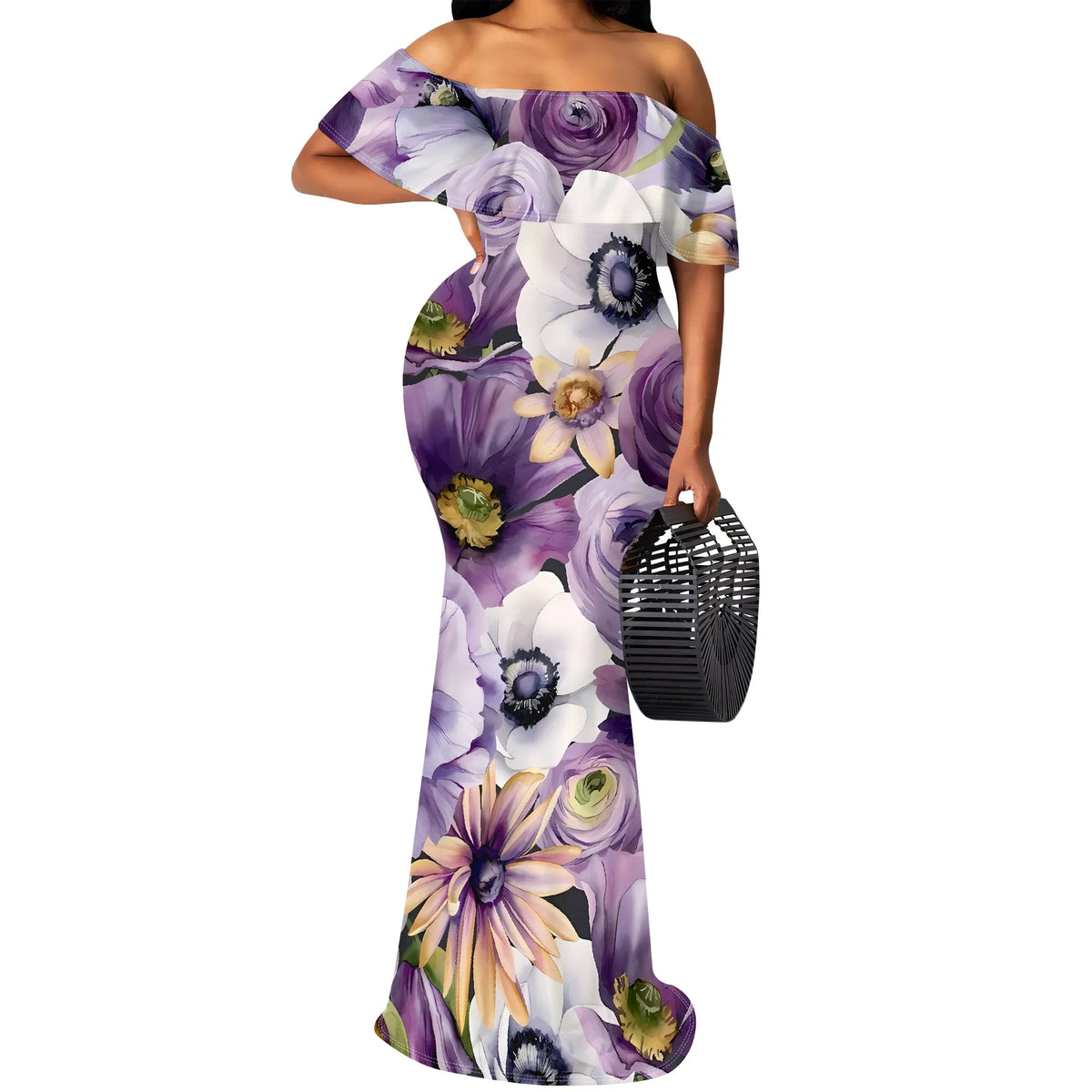 Maxy Pink Floral Print Off Shoulder Ruffle Dress Women Slim Fit Elegant Summer Party Dress