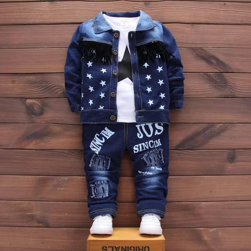 Visco 3PCS Denim Suit Fashion Spring Autumn Long Sleeve Jacket Outwear Cotton Shirt+Pants Outfits Baby Boys Girls Clothes Sport Set