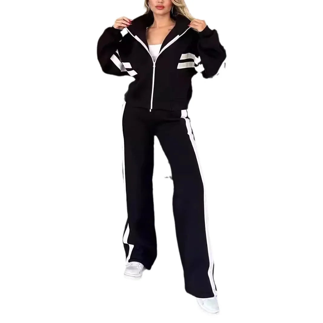 Maxy Y2K Striped Zipper Coat+sweatpants Two Piece Set Women Casual Batwing Sleeve Sports Jacket Outfits Autumn Winter Sweatshirt Suit