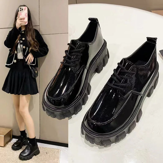 Maxy Women's British Style Leather Shoes Spring Autumn Platform Slip-on Loafers Fashion Lace Up Round Head Comfort High Heels
