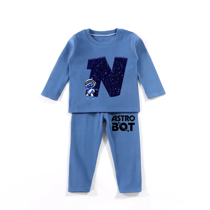 Maxy Astro Bot Kids Pajamas Set Anime Printed Letter Autumn Winter Warm Shirt Tops Boys Girls Children Clothing Nightshirt Gift